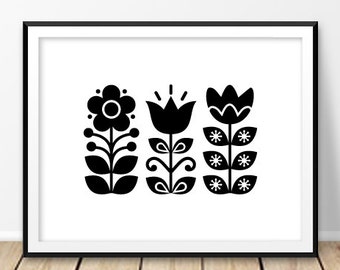 Scandinavian modern, Flowers print, Swedish print, Nordic decor, Modern minimalist, Black and white, Folk wall decor, Home printable, Sweden