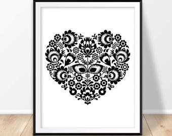 Black white wall art, Flower art print, Romantic art, Flowers printable, Polish wall art, Love artwork, Folk heart print, Poland, Polska