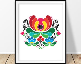 Scandinavian decor, Norwegian print, Norway folk art, Rosemaling embroidery art, Nordic decor, Floral wall art, Printable poster, Download