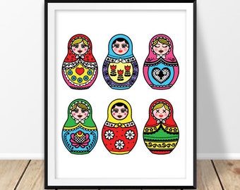 Digital print, Russian nesting dolls, Matryoshka wall art, Russia souvenir, Retro home decor, Instant download, Folk art printables, Nursery
