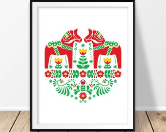 Wall art poster, Scandi print, Scandinavian art print, Dala horse print, Nordic poster, Swedish folk horses, Dalecarlian, Sweden, Stockholm