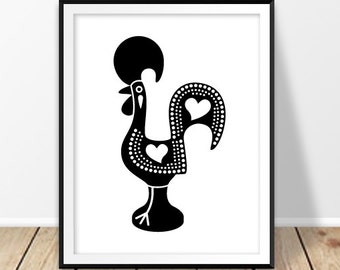 Portuguese rooster print, Galo de Barcelos, Digital prints, Portugal folk art, Retro wall decor, Printable poster, Monochrome wall art,Black