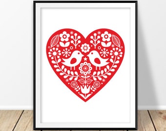 Scandinavian print, Red heart print, Folk heart, Digital download, Swedish pattern, Floral, Rustic wall decor, Birds and flowers, Valentines