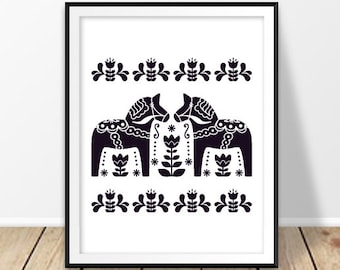 Scandinavian home decor, Nursery print, Swedish dala horse, Sweden wall art,  Baby nursery art, Black and white, Scandinavian design, Poster