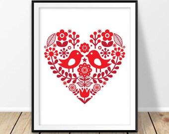 Wedding art, Scandinavian prints digital, Heart wall decor, Nordic digital print, Large artwork, Romantic print, Swedish folk, Sweden modern