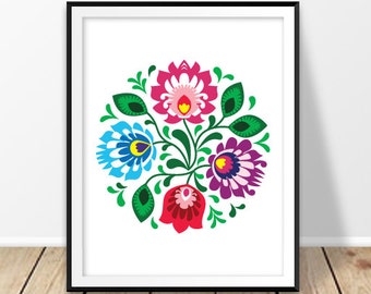 Instant download poster, Printable flowers, Floral print art, Colorful prints, Large digital prints, Folk flowers, Poland, Polish, mandala