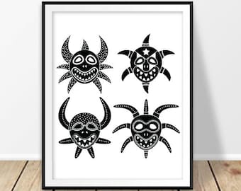 Vejigante carnival mask print Puerto Rico wall art Puerto Rican mask Carribean mask decor  Folk art poster Black and white Digital Download