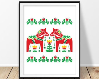Scandinavian folk art, Dala horse print, Nursery digital download, Sweden decor, Nordic wall art,Kids room printable, Folk poster, Swedish