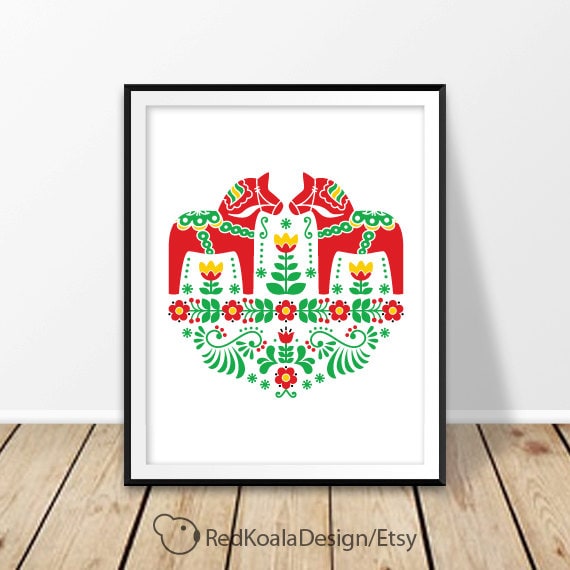Wall art poster, Scandi print, Scandinavian art print, Dala horse print, Nordic poster, Swedish folk horses, Dalecarlian, Sweden, Stockholm
