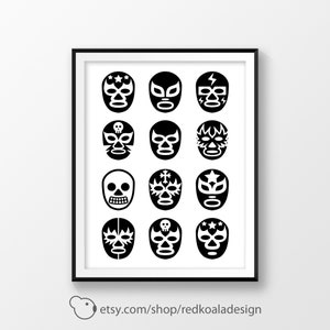 Printable poster, Digital download, Lucha Libre masks, Luchador mask print, Mexican wrestling, Mexico wall art, For him, Black and white