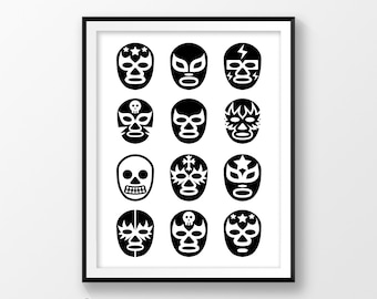 Printable poster, Digital download, Lucha Libre masks, Luchador mask print, Mexican wrestling, Mexico wall art, For him, Black and white