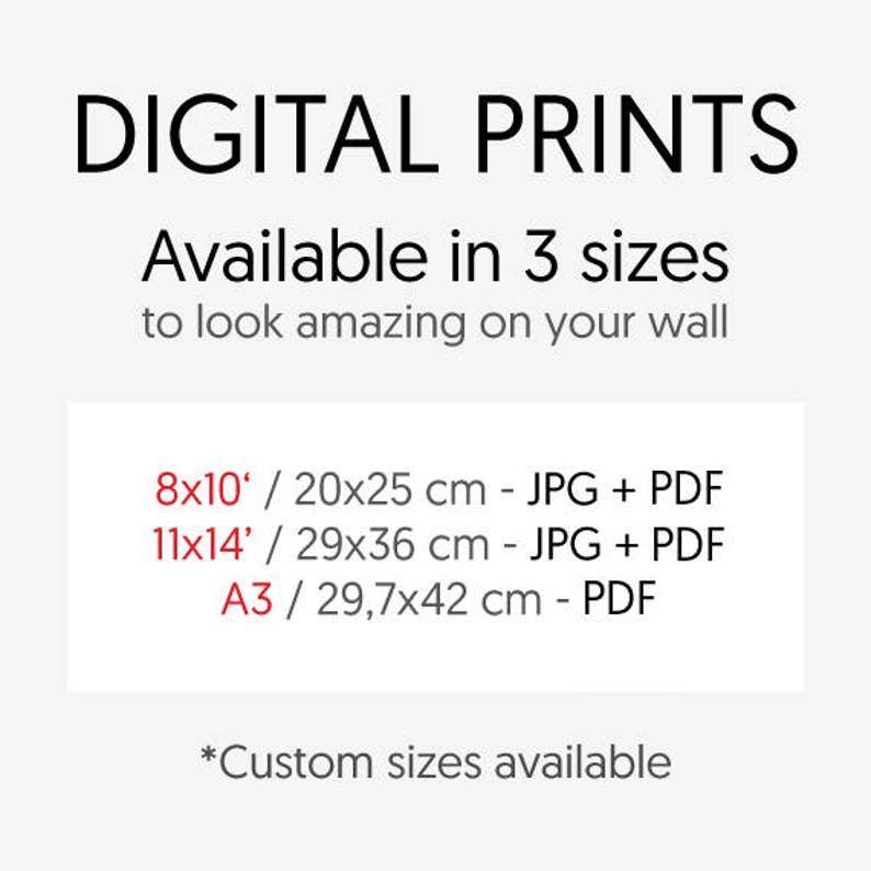 May include: Digital prints available in three sizes: 8x10 inches (20x25 cm), 11x14 inches (29x36 cm), and A3 (29.7x42 cm). JPG and PDF files are included for the smaller sizes, while only PDF is available for A3. Custom sizes are also available.