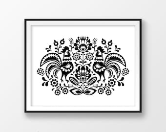Digital poster, Living room prints, Polish folk pattern, Rooster print, Floral design, Black and white, Flower poster, Wycinanki, Poland art