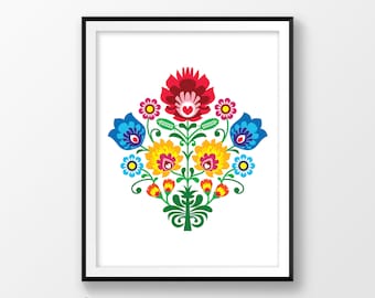 Folk art print, Polish pattern, Floral wall art, Flower art, Rustic art, Digital download, Poland ornaments, Wycinanki, Warsaw