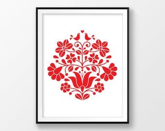 Digital download art, Hungarian print, Floral wall decor, Folk art design, Hungary wall art, Hungarian embroidery, Kalocsa, red, redkoala