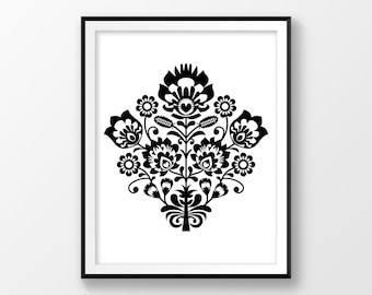 Black and white art prints, Bedroom posters, Monochrome prints, Floral artwork, Digital download,  Wycinanka, Polish, Poland folk, Instant
