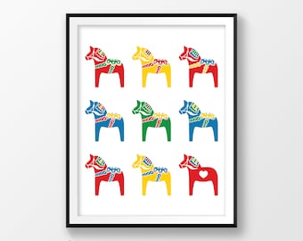 Digital print Dala horse Swedish horse prints Scandinavian print Scandinavian design Swedish wall art Swedish home decor Nordic Gift Nursery