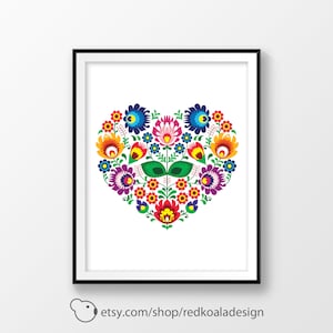 Poster download, Wedding wall art, Heart wall art, Floral heart, Folk style, Polish poster, Poland print, Heart digital print, Wycinanki