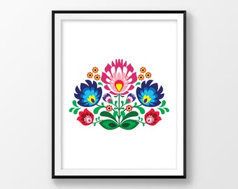 Digital print living room, Flower prints wall art, Folk art patterns, Spring art, Polish print, Poland design, Primitive art, Printable art