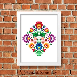 Peut inclure: Un motif floral color&eacute; dans le style de l'art populaire polonais, avec une vari&eacute;t&eacute; de fleurs, de feuilles et de motifs g&eacute;om&eacute;triques. Le motif est dispos&eacute; de mani&egrave;re sym&eacute;trique et est plac&eacute; sur un fond blanc.