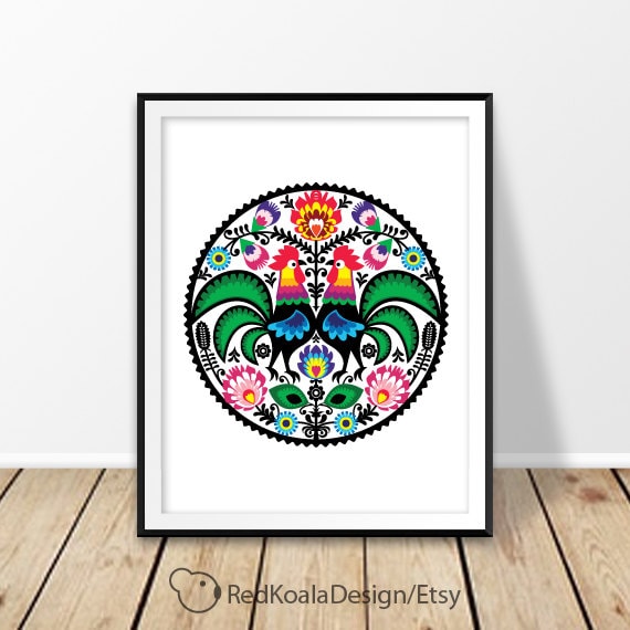 Polish Folk Art Rooster Print, Wycinanki Flowers (Digital Download)