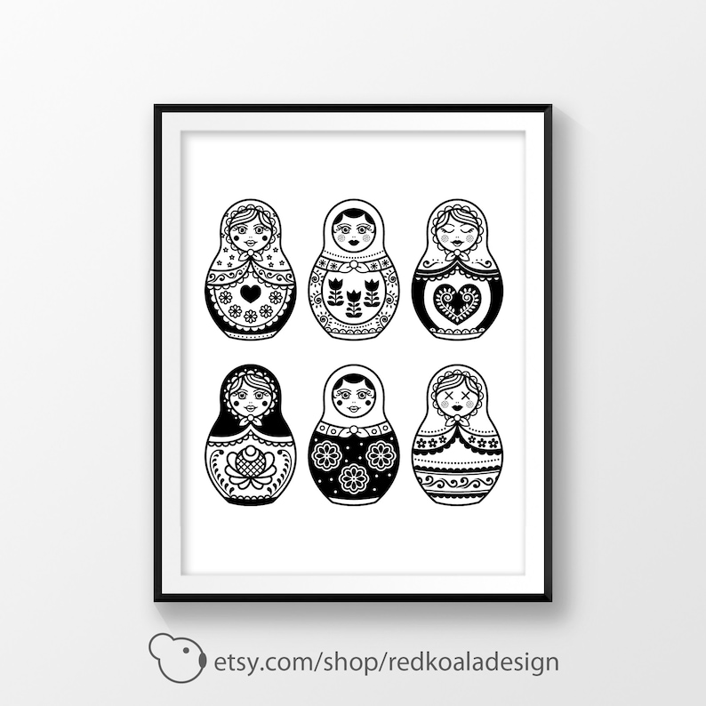 Puede incluir: Ilustraci&oacute;n en blanco y negro de seis mu&ntilde;ecas rusas, tambi&eacute;n conocidas como mu&ntilde;ecas de anidaci&oacute;n. Cada mu&ntilde;eca tiene un patr&oacute;n y un dise&ntilde;o diferente. Las mu&ntilde;ecas est&aacute;n dispuestas en dos filas de tres.