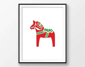 Nursery room wall art, Scandinavian art, Scandinavian print, Swedish dala horse, Red horse poster, Sweden folk, Kids room, Bedroom printable