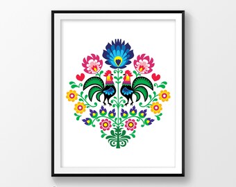 Printable prints, Floral art print, Artwork poster, Floral pattern, Instant digital download, Roosters decor, Folk wall hanging, Poland