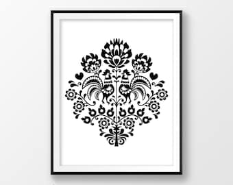 Modern home decor, Folk prints, Polish folk art print, Poland wall art, Floral poster, For her, Black flowers, Printable Instant Download