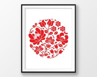 Floral digital print Hungarian print Hungary Folk art print Hungarian embroidery Red pattern Folk pattern Kalocsa Hungarian paprika decor