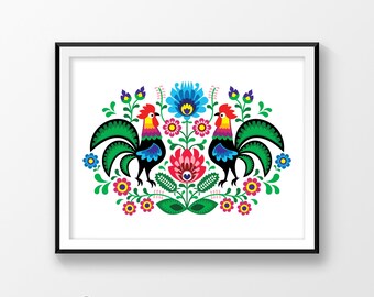 Instant download printable art, Polish folk print, Poland ornament, Ethnic wall art, Home decor, Wycinanki, Red koala design, Digital Prints