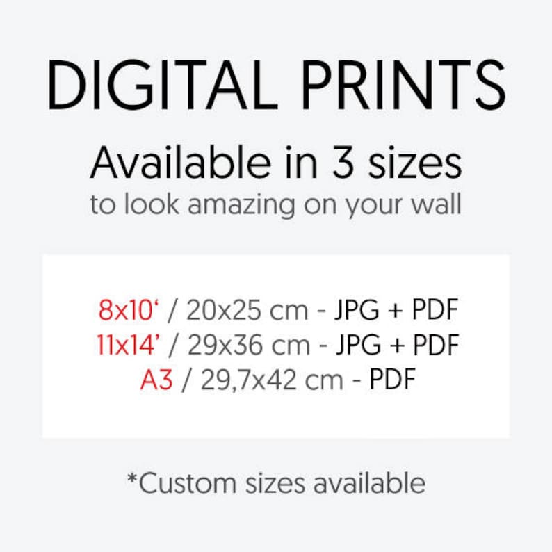 Peut inclure: Impressions num&eacute;riques disponibles en trois tailles&nbsp;: 8x10 pouces (20x25&nbsp;cm), 11x14 pouces (29x36&nbsp;cm) et A3 (29,7x42&nbsp;cm). Les fichiers JPG et PDF sont inclus pour les tailles plus petites, tandis que seul le PDF est disponible pour A3. Des tailles personnalis&eacute;es sont &eacute;galement disponibles.