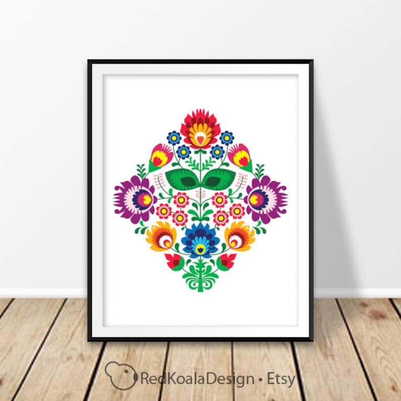 Peut inclure: Un motif floral color&eacute; dans le style de l'art populaire polonais, avec des fleurs rouges, jaunes, bleues, vertes et violettes. Le motif est encadr&eacute; dans un cadre noir.