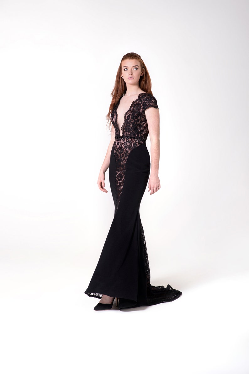 evening dress, evening gown, black lace dress, black maxi dress, black formal dress, lace dress, maxi dress, black dress image 2