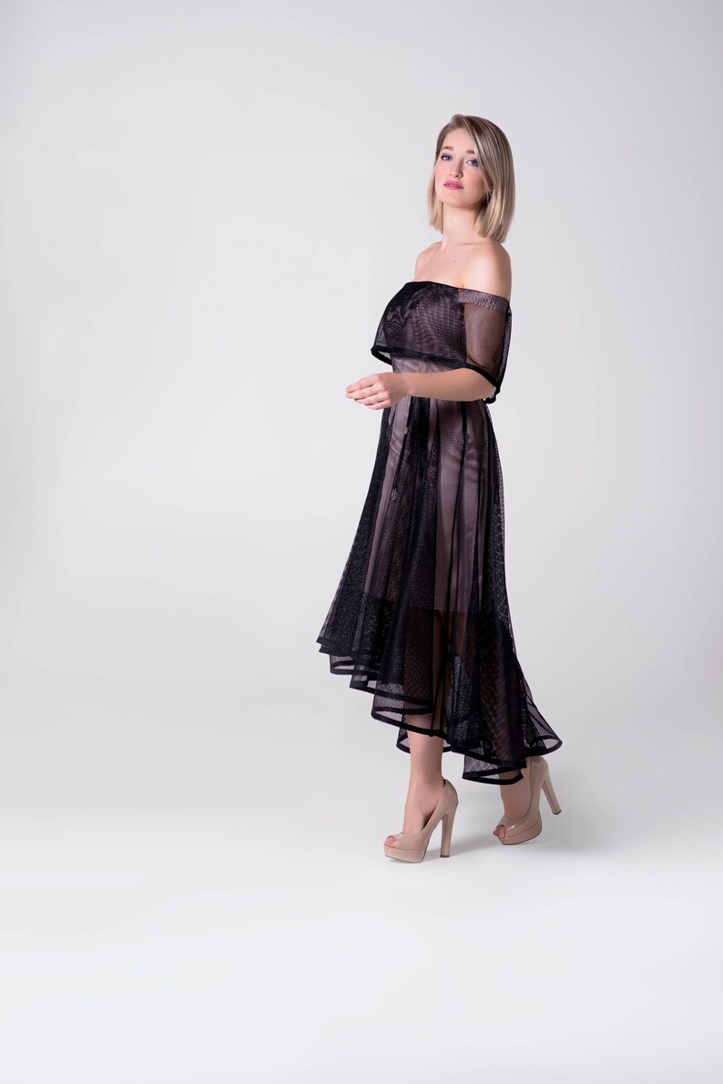 little black dress garden party dress evening dress hi lo dress off the shoulder high low dress high low hem cocktail dress