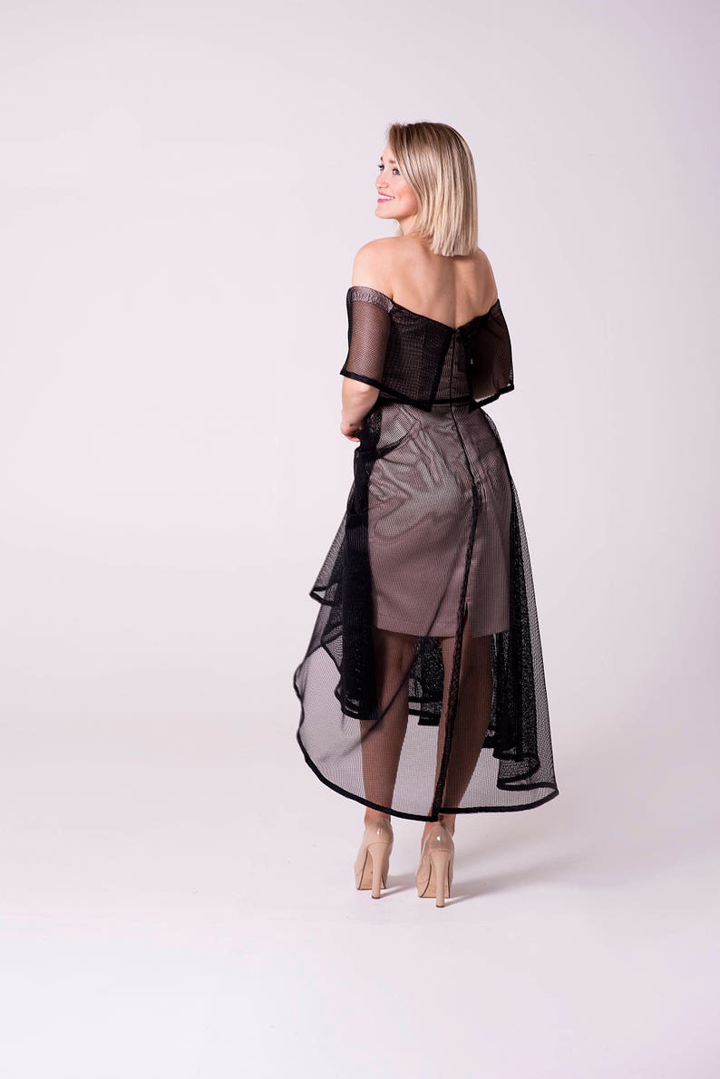little black dress garden party dress evening dress hi lo dress off the shoulder high low dress high low hem cocktail dress