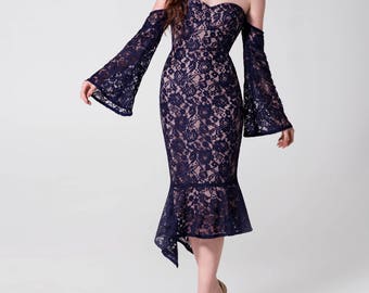 Navy cocktail dress, lace evening dress, knee length dress, midi evening dress, cocktail dress, wedding guest dress, unique lace dress