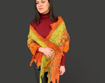 Vibrant and Soft: Hand Felted Colorful Merino Wool Scarf, Perfect for Women. Natural Wool Shawl Blanket. Gift