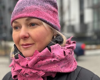 Merino Wool Scarf and Hat Set Felt - Handmade Infinity Scarf, Warm Winter Women's Accessorias