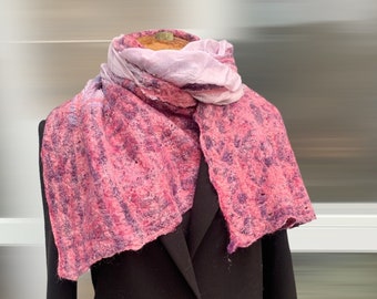 Luxurious Handwoven Felted Merino Wool and Silk Scarf in Pink, Handmade Shawl. Made in Ukraina, One copy. Gift