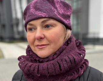 Conjunto de gorro y bufanda de lana de fieltro, bufandas infinitas hechas a mano, accesorios cálidos de invierno para mujer