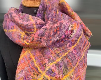 Hand Felted purple natural wool scarf. Women handwoven silk&wool scarf. Designer MaryHuk clothing. Handmade. One copy. Gift