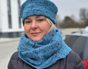 Set sjaal en mutsen van vilt handgemaakte designer Infiniti-sjaal, winteraccessoires voor dames