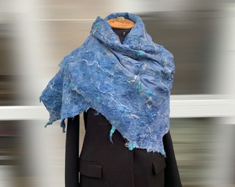 Felted Organic Merino Wool&Silk Scarf Triangle Women Blue Scarf Handmade