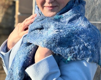Felted Triangle Women Blue Shawl Wrap, Organic Merino Wool&Silk Scarf, Handmade, Ukrainian gift, One Copy