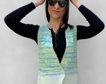 Felted Silk and Wool Blend Sleeveless Vest Cardigan - Lightweight and Breathable Women's Vest, Thin Cool Vest, Waistcoat, Handmade, One Copy