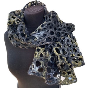 Felted Merino Wool Scarf: Black Modern Shawl, Wearable Art