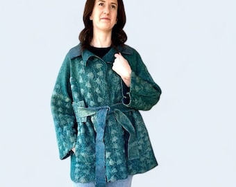 Reversible Jacket, Handcrafted Felted Green Wool Coat for Women, Warm and Stylish, Sustainable Outerwear. Overcoat, One copy
