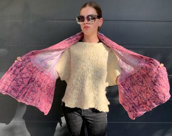 Merino Wool Felted Scarf: Handmade Pink Silk Shawl Wrap