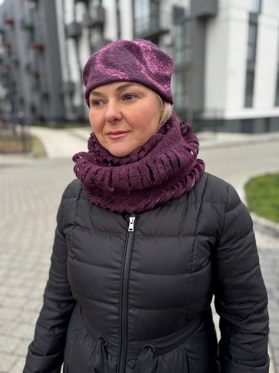Wool Hat and Scarf Set Felt, Handmade Infinity Scarves, Warm  display picture 1